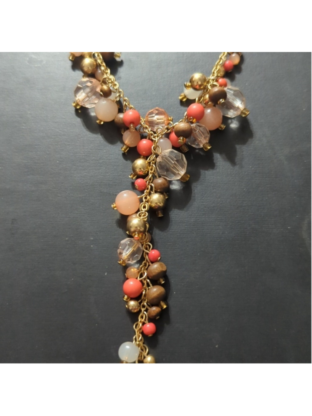 Vintage Avon Gold Tone Brown Peach Orange Y Shape Dangle Statement Necklace - Picture 2 of 5